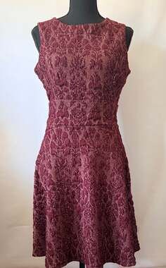 Fifth & Park Burgundy and Gold Metallic Jacquard Fit & Flare Dress Dark Floral